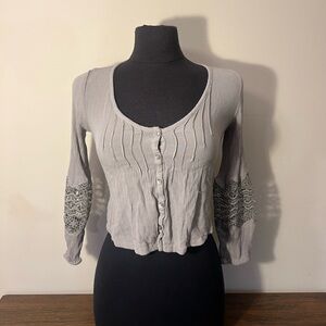 Roxy Beige Button-Down Shirt with Lace Accents